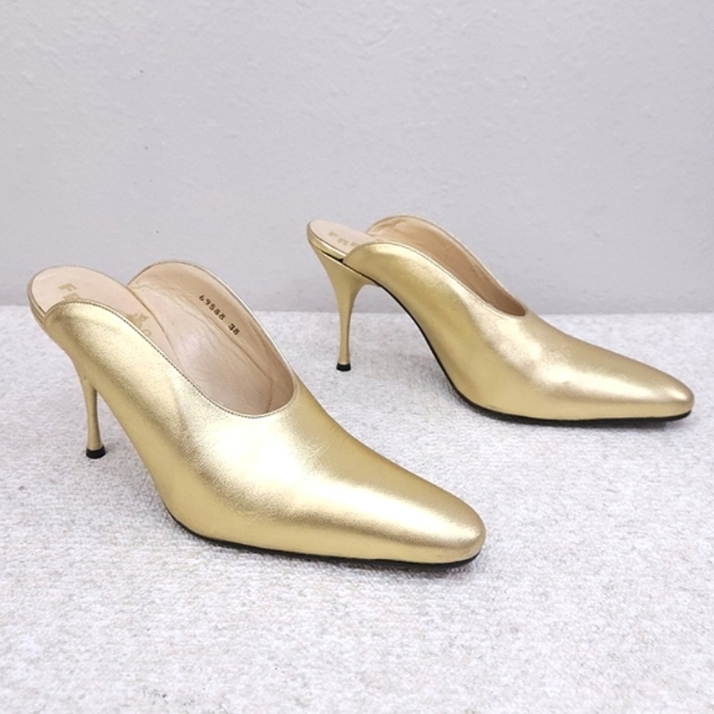 Vintage FREE LANCE Paris Mules Metallic Gold Leather Stiletto Heels Pumps EU 38 - Picture 2 of 12